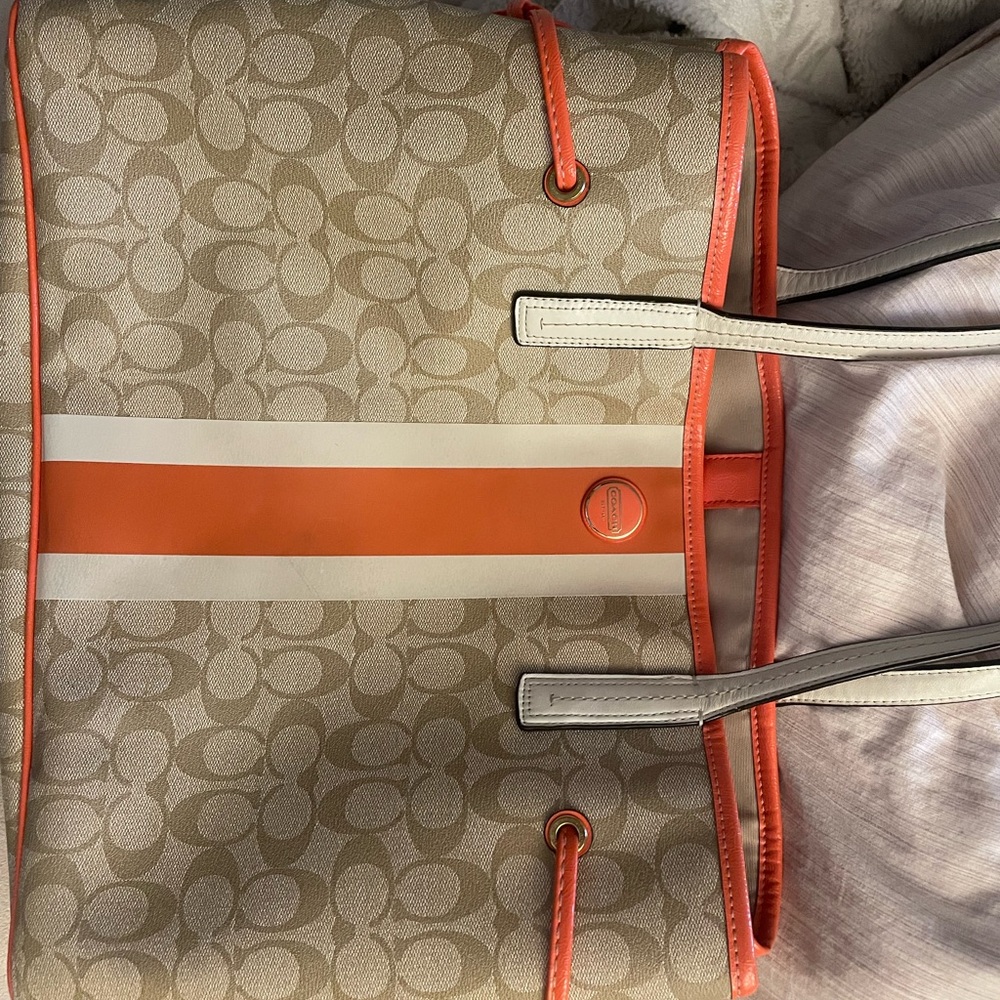 Coach Beige Signature Tote with Orange and Cream Stripe
